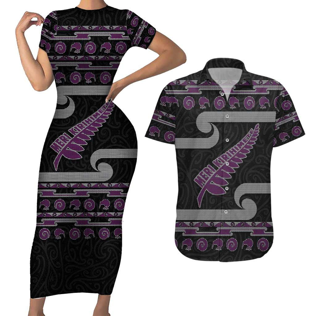 New Zealand Christmas Couples Matching Short Sleeve Bodycon Dress and Hawaiian Shirt Meri Kirihimete Silver Fern Knit Style Purple Color LT03 Purple - Polynesian Pride