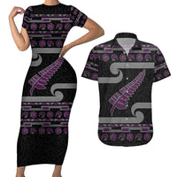 New Zealand Christmas Couples Matching Short Sleeve Bodycon Dress and Hawaiian Shirt Meri Kirihimete Silver Fern Knit Style Purple Color LT03 Purple - Polynesian Pride