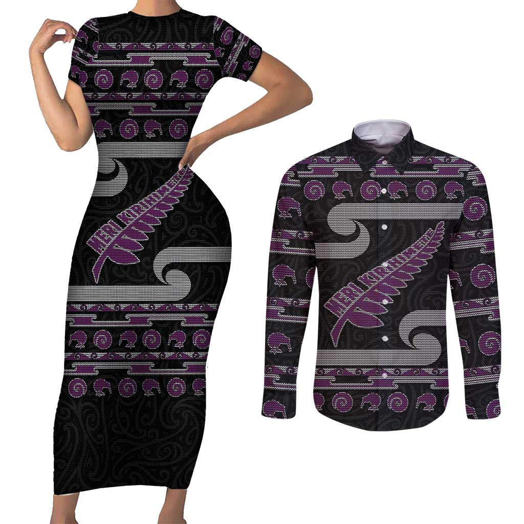New Zealand Christmas Couples Matching Short Sleeve Bodycon Dress and Long Sleeve Button Shirt Meri Kirihimete Silver Fern Knit Style Purple Color LT03 Purple - Polynesian Pride