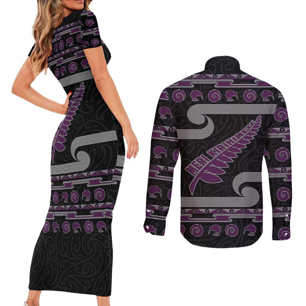 New Zealand Christmas Couples Matching Short Sleeve Bodycon Dress and Long Sleeve Button Shirt Meri Kirihimete Silver Fern Knit Style Purple Color LT03 - Polynesian Pride