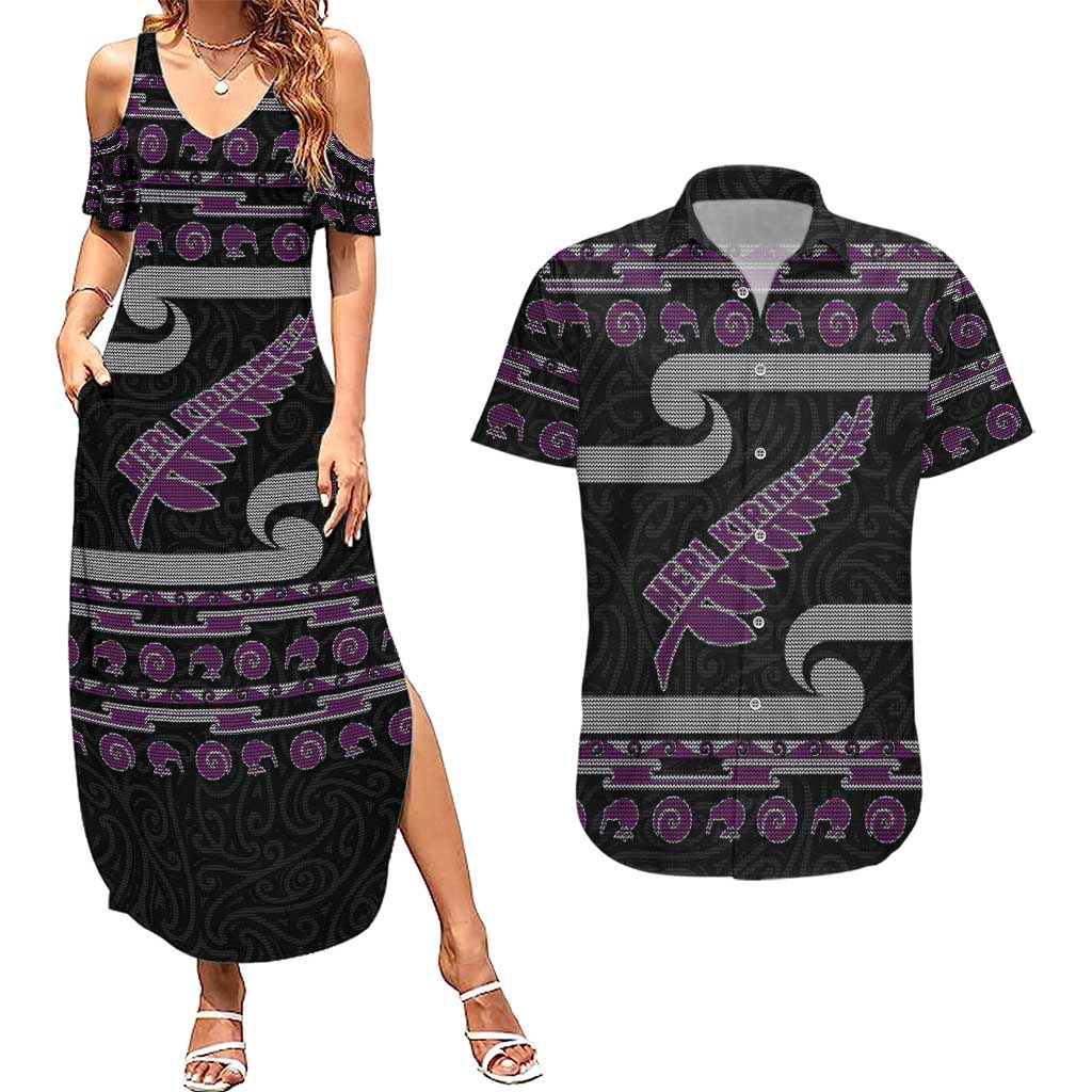 New Zealand Christmas Couples Matching Summer Maxi Dress and Hawaiian Shirt Meri Kirihimete Silver Fern Knit Style Purple Color LT03 Purple - Polynesian Pride