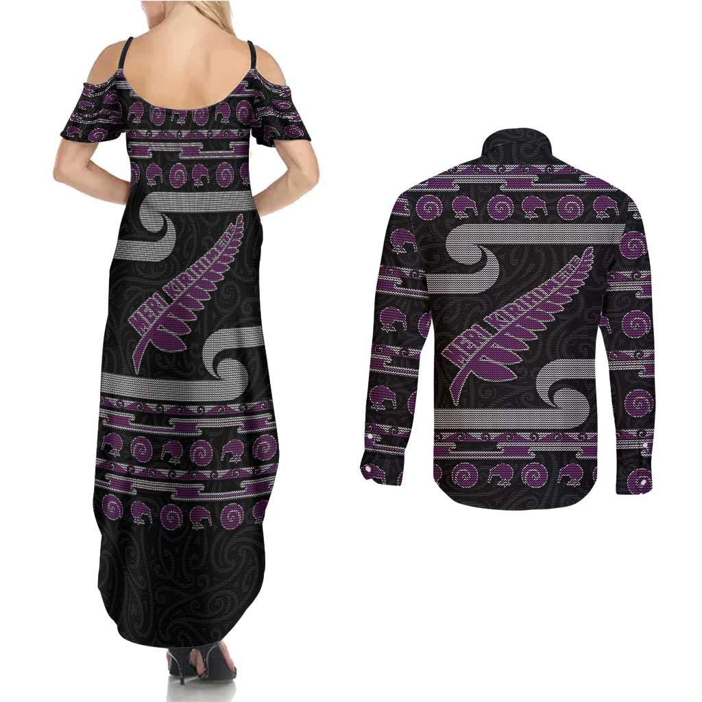 New Zealand Christmas Couples Matching Summer Maxi Dress and Long Sleeve Button Shirt Meri Kirihimete Silver Fern Knit Style Purple Color LT03 - Polynesian Pride