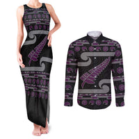 New Zealand Christmas Couples Matching Tank Maxi Dress and Long Sleeve Button Shirt Meri Kirihimete Silver Fern Knit Style Purple Color LT03 Purple - Polynesian Pride