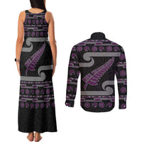 New Zealand Christmas Couples Matching Tank Maxi Dress and Long Sleeve Button Shirt Meri Kirihimete Silver Fern Knit Style Purple Color LT03 - Polynesian Pride