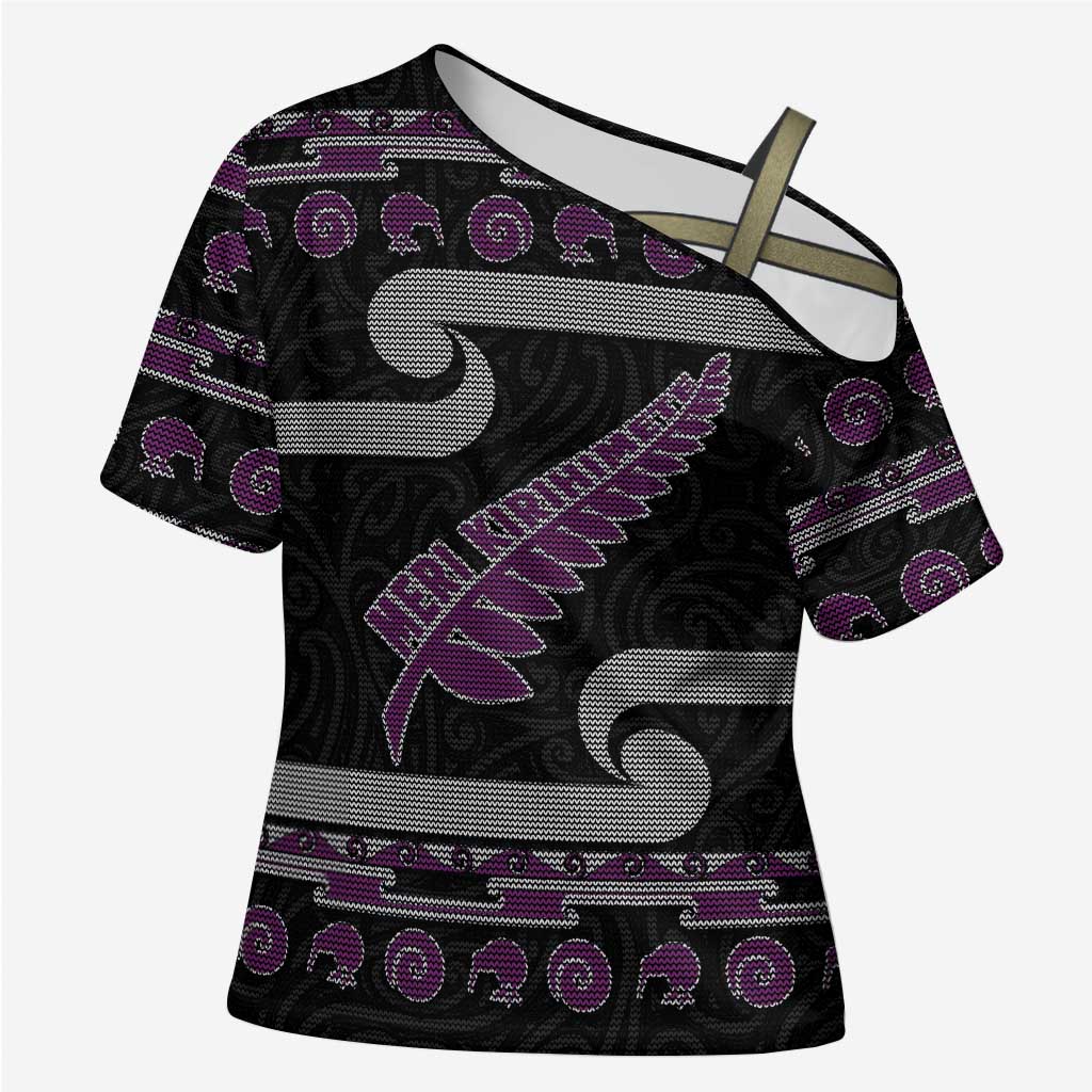 New Zealand Christmas Cross Shoulder Shirt Meri Kirihimete Silver Fern Knit Style Purple Color LT03 Female Purple - Polynesian Pride