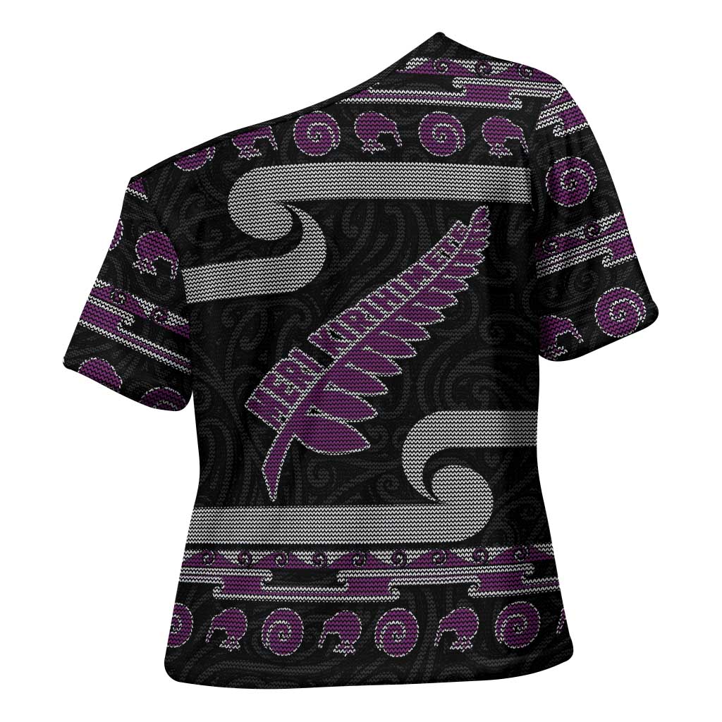 New Zealand Christmas Cross Shoulder Shirt Meri Kirihimete Silver Fern Knit Style Purple Color LT03 - Polynesian Pride