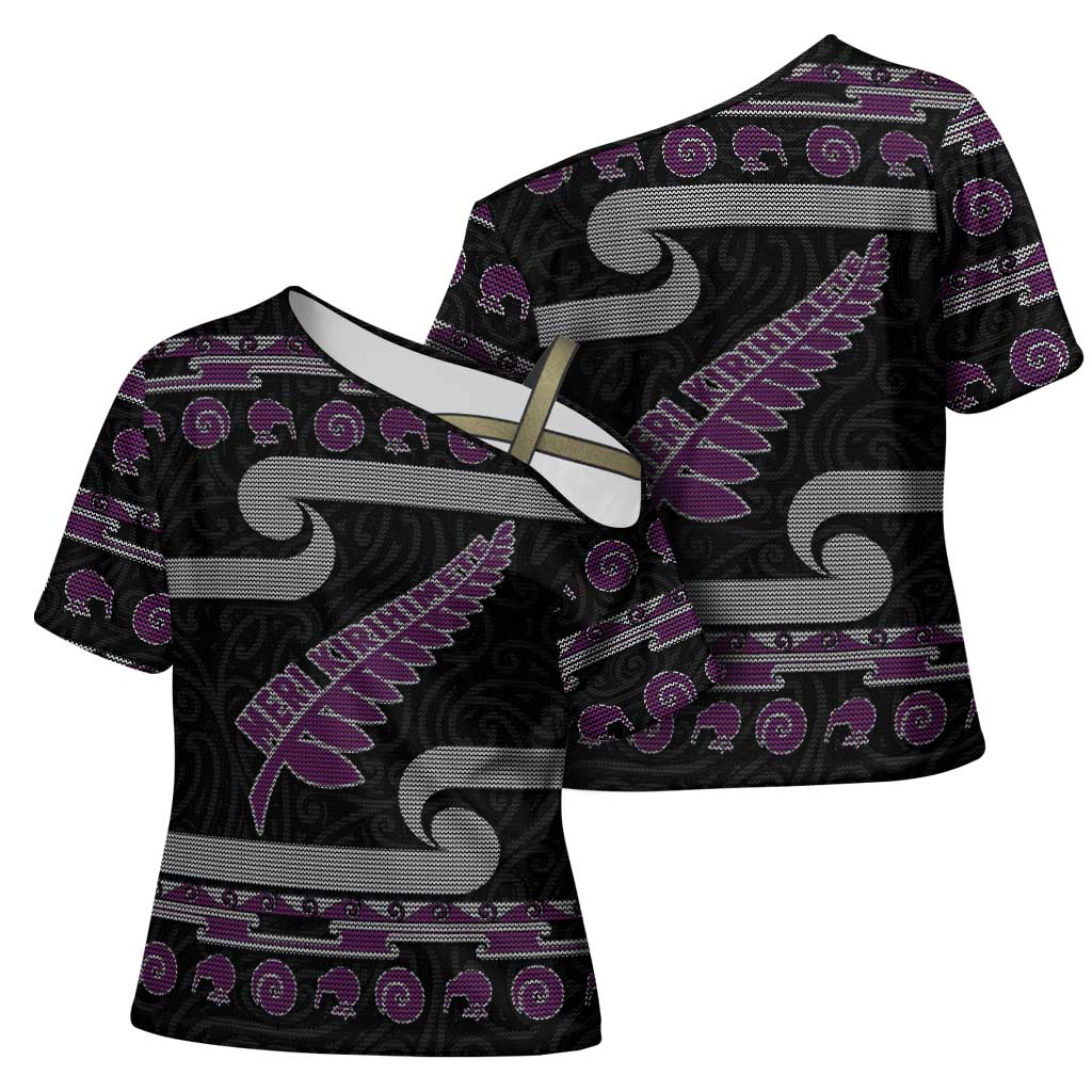 New Zealand Christmas Cross Shoulder Shirt Meri Kirihimete Silver Fern Knit Style Purple Color LT03 - Polynesian Pride