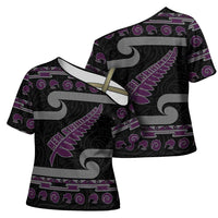 New Zealand Christmas Cross Shoulder Shirt Meri Kirihimete Silver Fern Knit Style Purple Color LT03 - Polynesian Pride