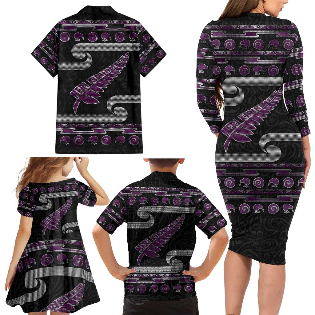 New Zealand Christmas Family Matching Long Sleeve Bodycon Dress and Hawaiian Shirt Meri Kirihimete Silver Fern Knit Style Purple Color LT03 - Polynesian Pride