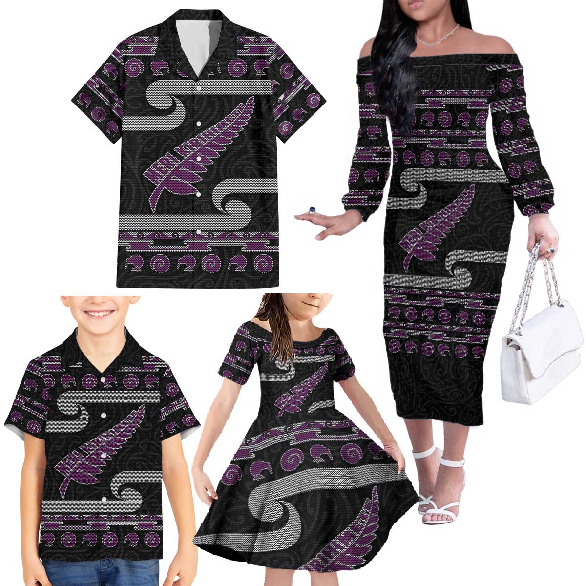 New Zealand Christmas Family Matching Off The Shoulder Long Sleeve Dress and Hawaiian Shirt Meri Kirihimete Silver Fern Knit Style Purple Color LT03 - Polynesian Pride