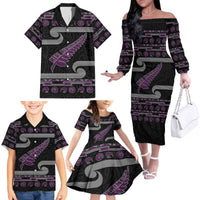 New Zealand Christmas Family Matching Off The Shoulder Long Sleeve Dress and Hawaiian Shirt Meri Kirihimete Silver Fern Knit Style Purple Color LT03 - Polynesian Pride