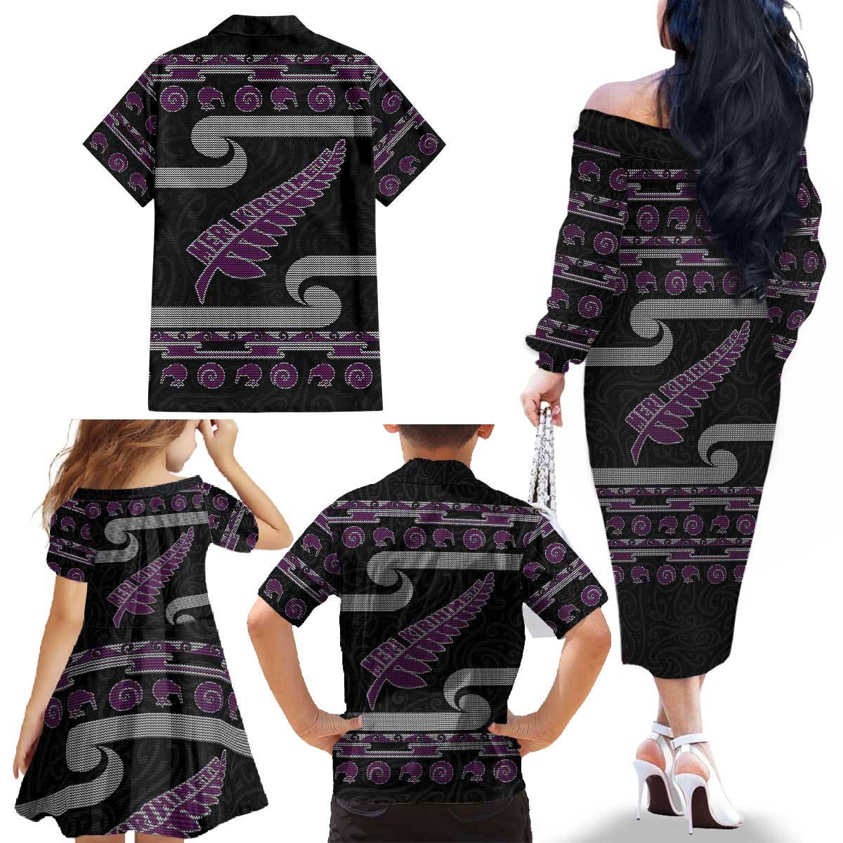 New Zealand Christmas Family Matching Off The Shoulder Long Sleeve Dress and Hawaiian Shirt Meri Kirihimete Silver Fern Knit Style Purple Color LT03 - Polynesian Pride