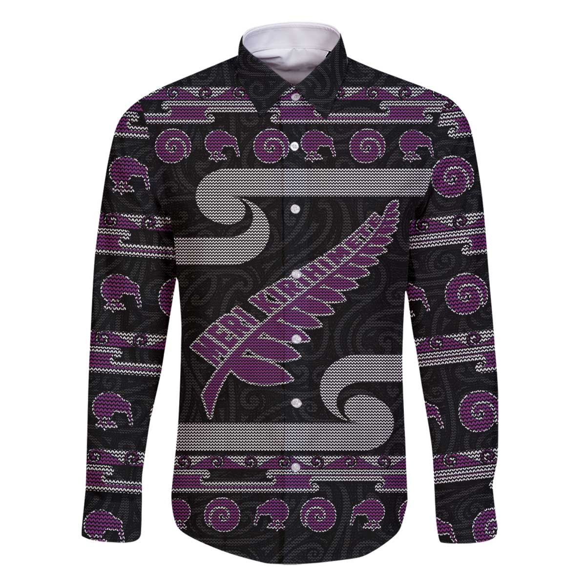 New Zealand Christmas Family Matching Off The Shoulder Long Sleeve Dress and Hawaiian Shirt Meri Kirihimete Silver Fern Knit Style Purple Color LT03 Dad's Shirt - Long Sleeve Purple - Polynesian Pride