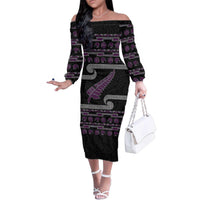 New Zealand Christmas Family Matching Off The Shoulder Long Sleeve Dress and Hawaiian Shirt Meri Kirihimete Silver Fern Knit Style Purple Color LT03 Mom's Dress Purple - Polynesian Pride