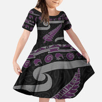 New Zealand Christmas Family Matching Off Shoulder Maxi Dress and Hawaiian Shirt Meri Kirihimete Silver Fern Knit Style Purple Color LT03 Daughter's Dress Purple - Polynesian Pride