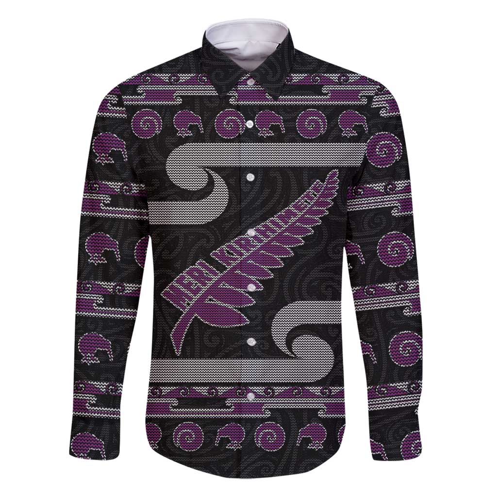 New Zealand Christmas Family Matching Off Shoulder Maxi Dress and Hawaiian Shirt Meri Kirihimete Silver Fern Knit Style Purple Color LT03 Dad's Shirt - Long Sleeve Purple - Polynesian Pride