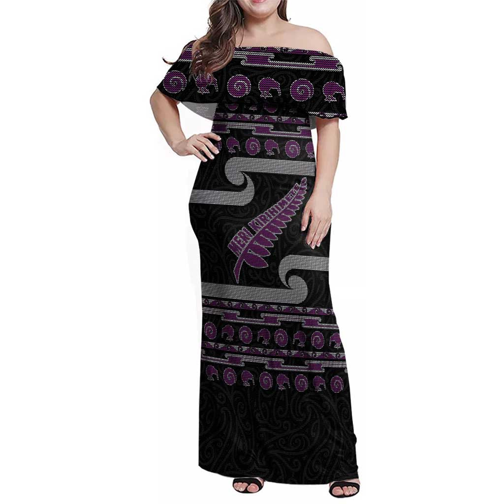 New Zealand Christmas Family Matching Off Shoulder Maxi Dress and Hawaiian Shirt Meri Kirihimete Silver Fern Knit Style Purple Color LT03 Mom's Dress Purple - Polynesian Pride