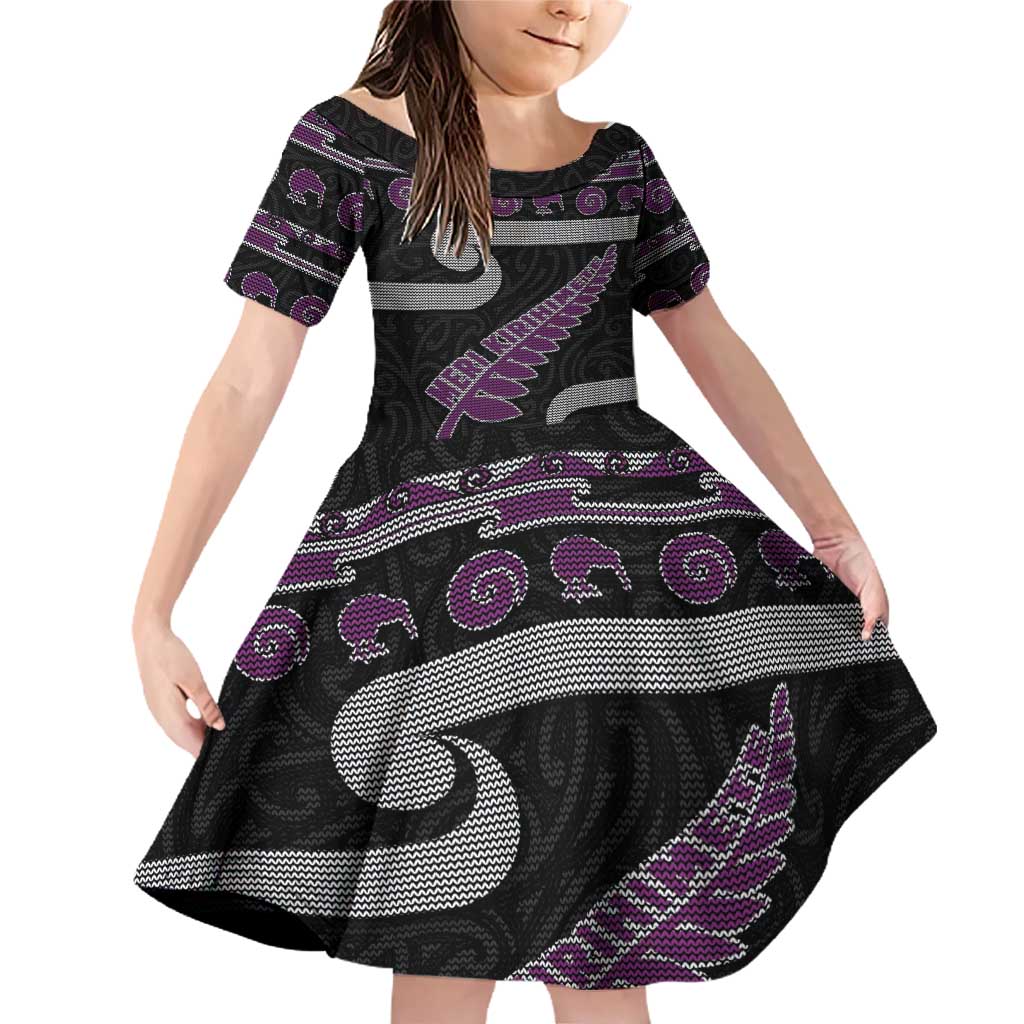 New Zealand Christmas Family Matching Off Shoulder Short Dress and Hawaiian Shirt Meri Kirihimete Silver Fern Knit Style Purple Color LT03 Daughter's Dress Purple - Polynesian Pride