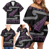New Zealand Christmas Family Matching Off Shoulder Short Dress and Hawaiian Shirt Meri Kirihimete Silver Fern Knit Style Purple Color LT03 - Polynesian Pride