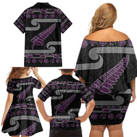 New Zealand Christmas Family Matching Off Shoulder Short Dress and Hawaiian Shirt Meri Kirihimete Silver Fern Knit Style Purple Color LT03 - Polynesian Pride