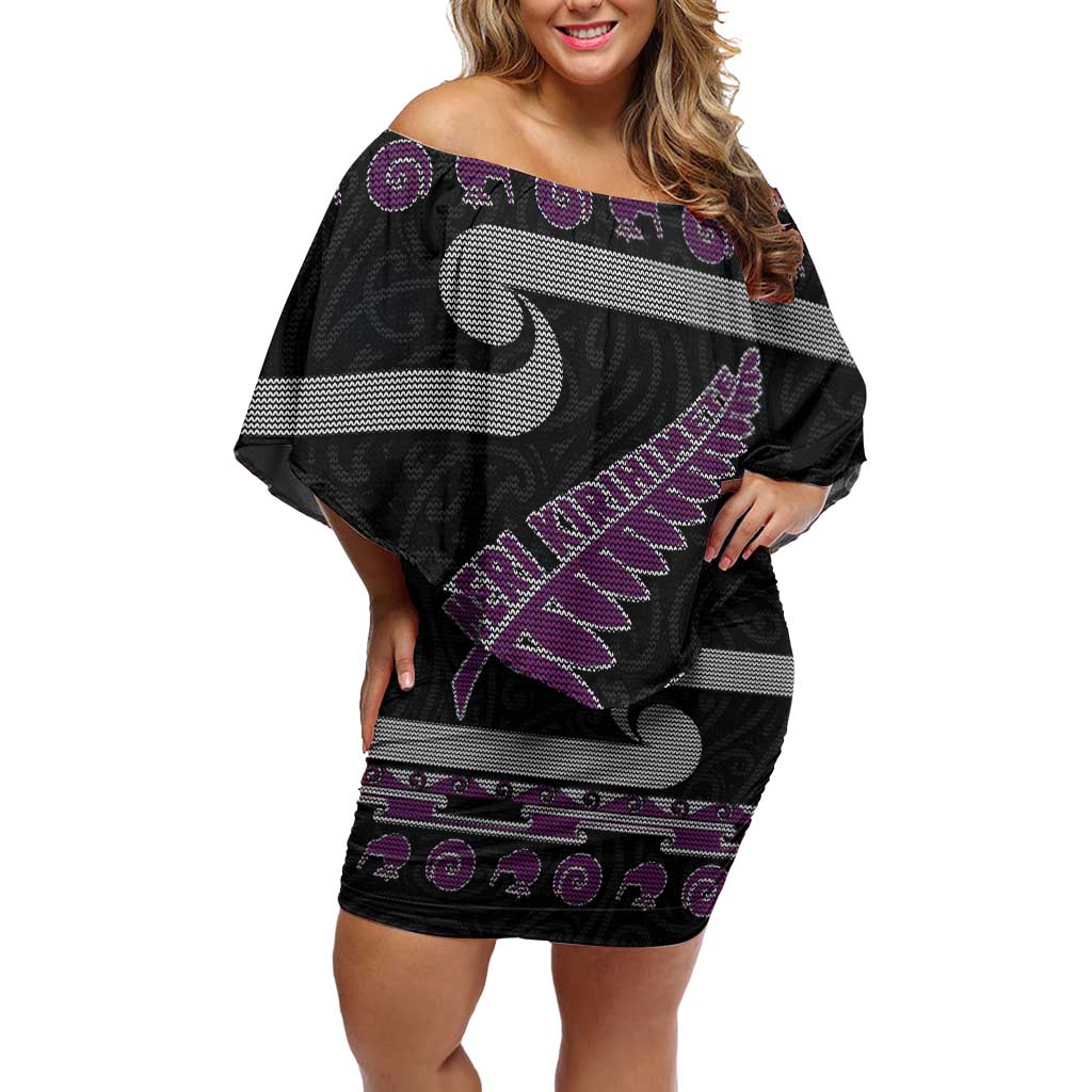 New Zealand Christmas Family Matching Off Shoulder Short Dress and Hawaiian Shirt Meri Kirihimete Silver Fern Knit Style Purple Color LT03 Mom's Dress Purple - Polynesian Pride