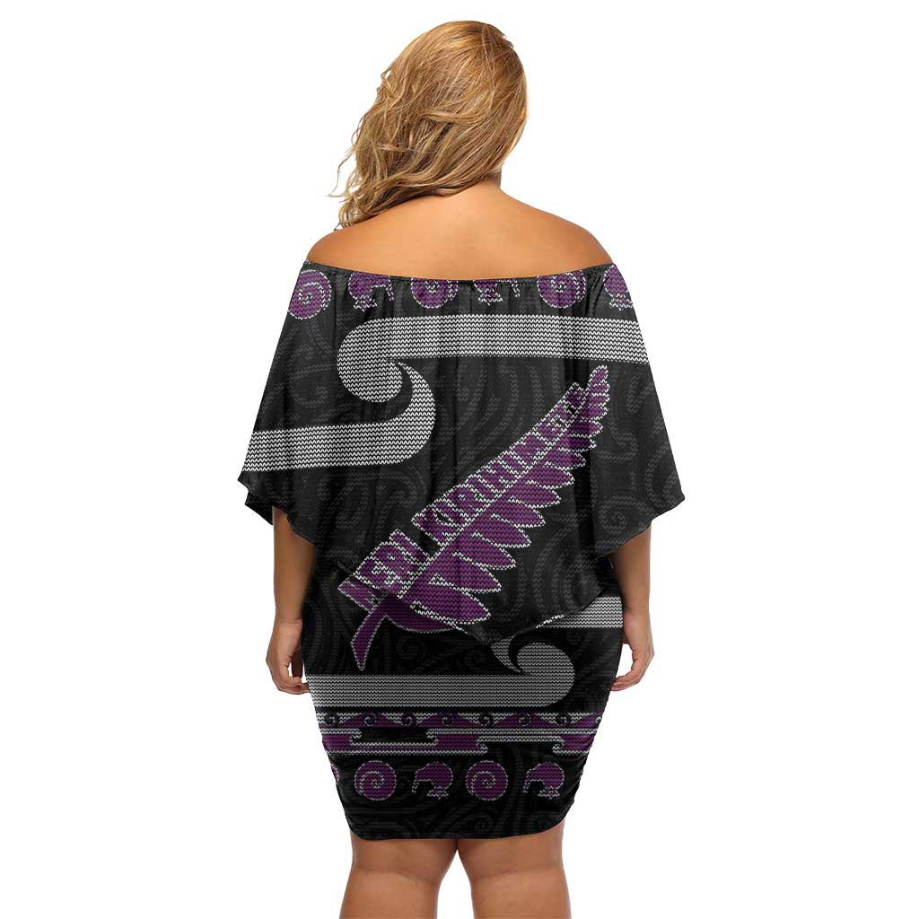 New Zealand Christmas Family Matching Off Shoulder Short Dress and Hawaiian Shirt Meri Kirihimete Silver Fern Knit Style Purple Color LT03 - Polynesian Pride