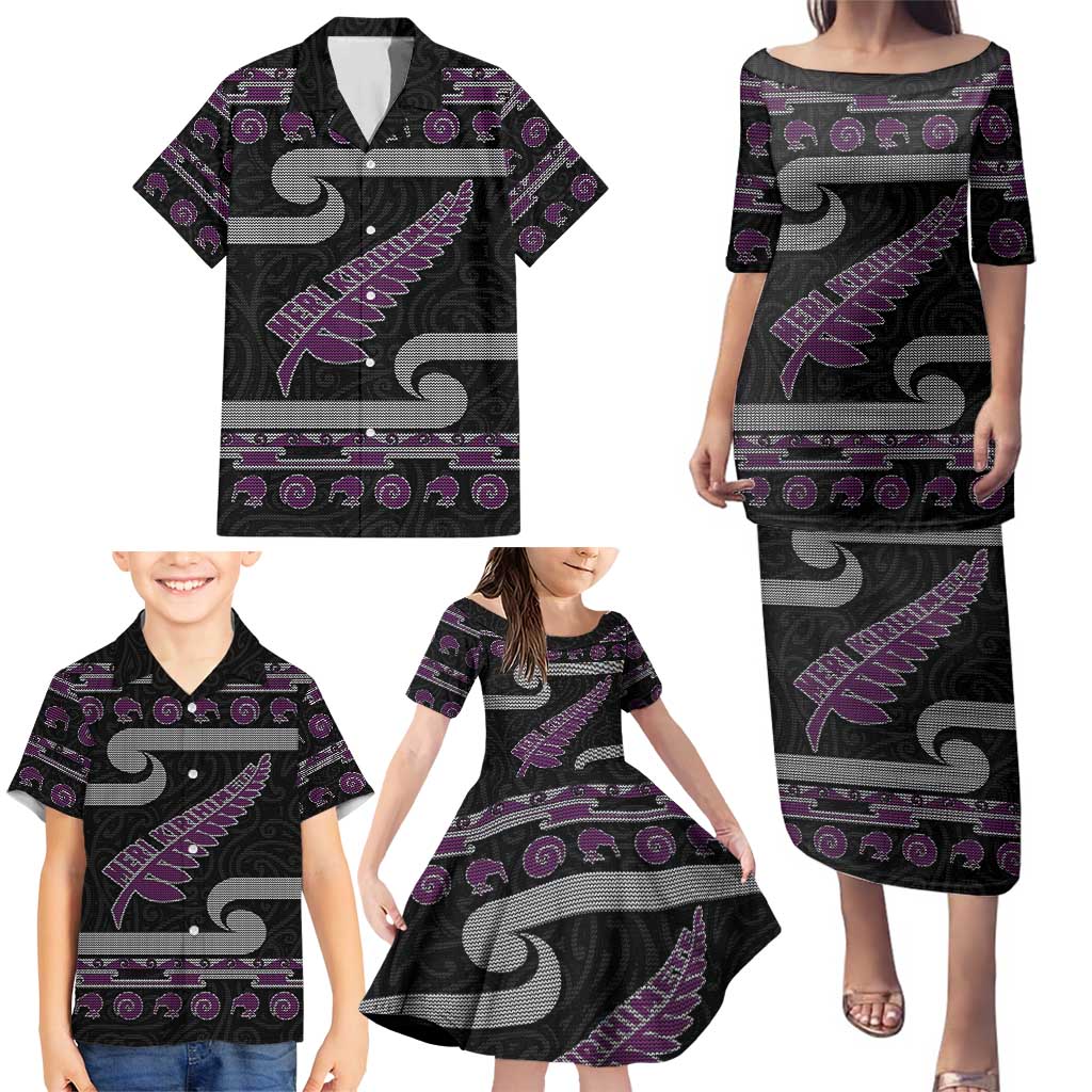 New Zealand Christmas Family Matching Puletasi and Hawaiian Shirt Meri Kirihimete Silver Fern Knit Style Purple Color LT03 - Polynesian Pride