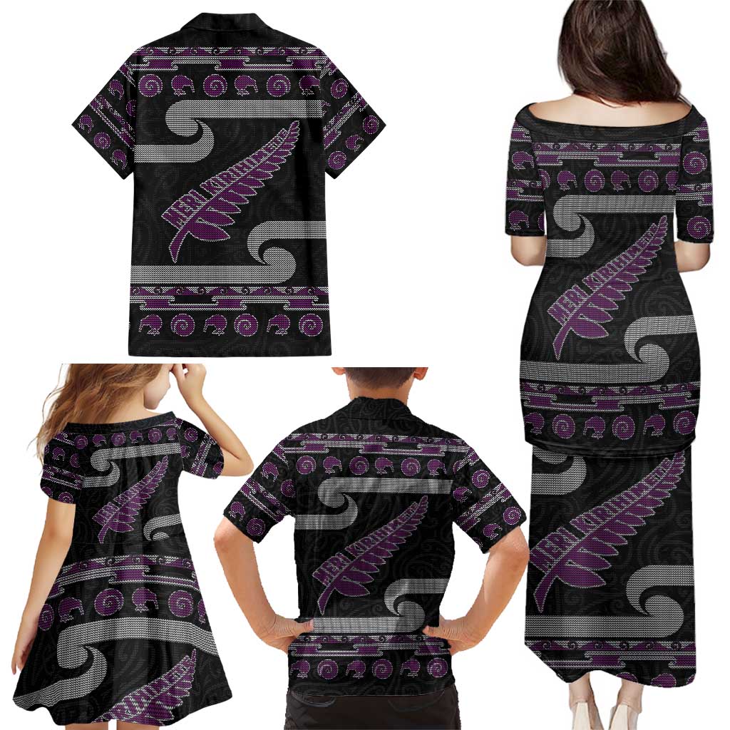 New Zealand Christmas Family Matching Puletasi and Hawaiian Shirt Meri Kirihimete Silver Fern Knit Style Purple Color LT03 - Polynesian Pride