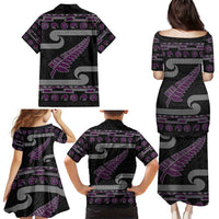 New Zealand Christmas Family Matching Puletasi and Hawaiian Shirt Meri Kirihimete Silver Fern Knit Style Purple Color LT03 - Polynesian Pride