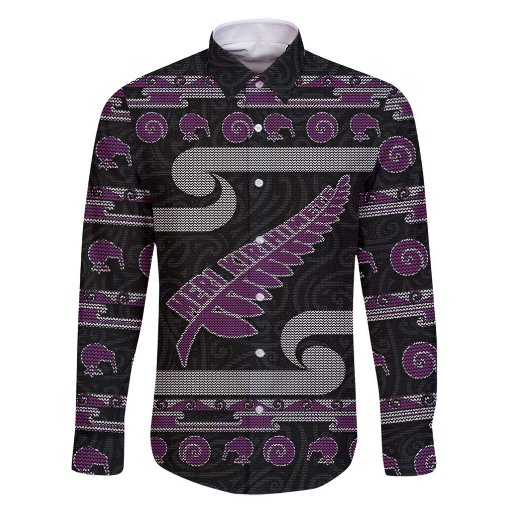 New Zealand Christmas Family Matching Puletasi and Hawaiian Shirt Meri Kirihimete Silver Fern Knit Style Purple Color LT03 Dad's Shirt - Long Sleeve Purple - Polynesian Pride