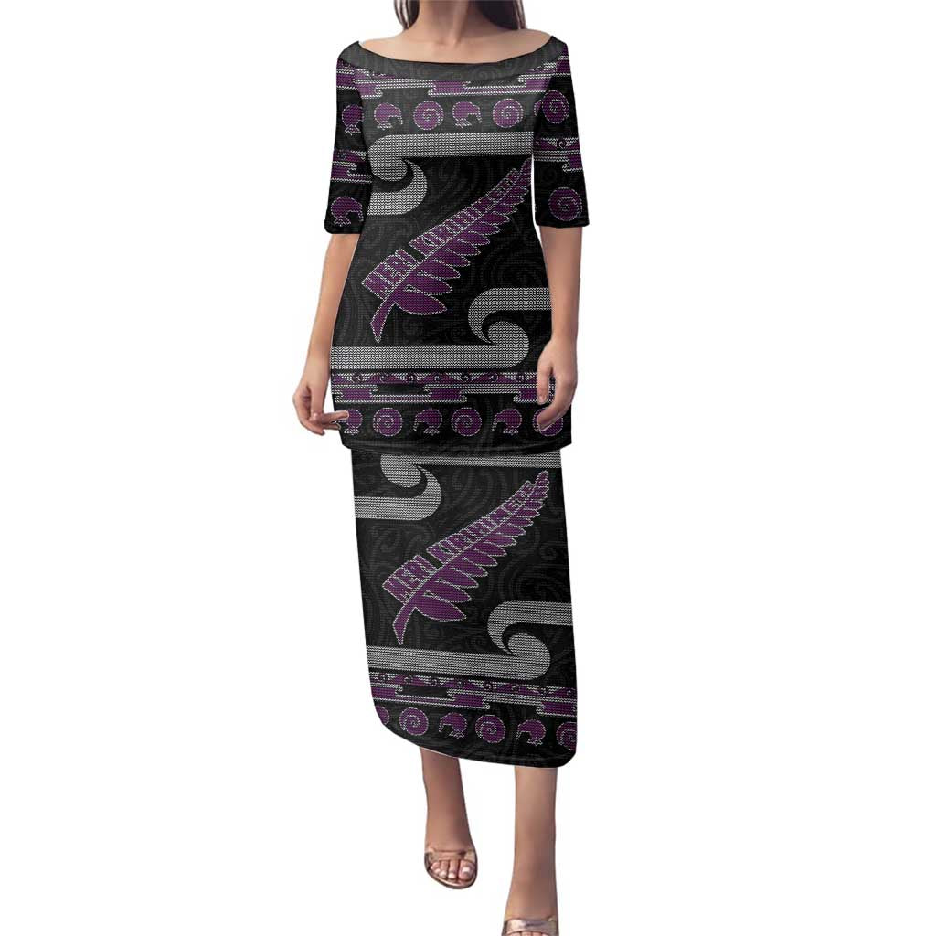 New Zealand Christmas Family Matching Puletasi and Hawaiian Shirt Meri Kirihimete Silver Fern Knit Style Purple Color LT03 Mom's Dress Purple - Polynesian Pride