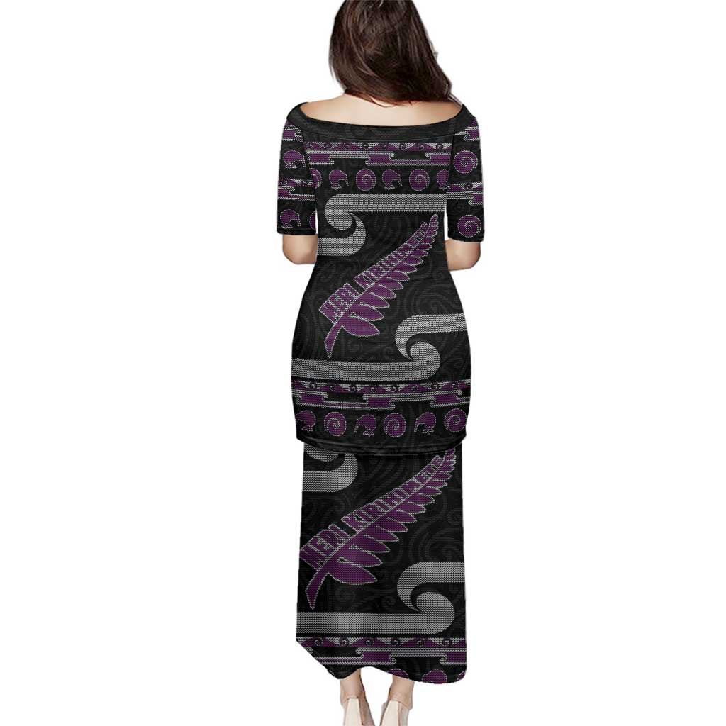 New Zealand Christmas Family Matching Puletasi and Hawaiian Shirt Meri Kirihimete Silver Fern Knit Style Purple Color LT03 - Polynesian Pride