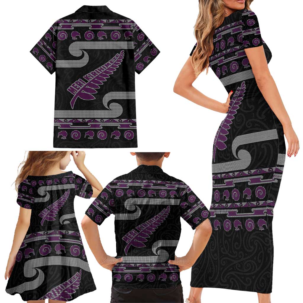 New Zealand Christmas Family Matching Short Sleeve Bodycon Dress and Hawaiian Shirt Meri Kirihimete Silver Fern Knit Style Purple Color LT03 - Polynesian Pride