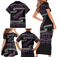 New Zealand Christmas Family Matching Short Sleeve Bodycon Dress and Hawaiian Shirt Meri Kirihimete Silver Fern Knit Style Purple Color LT03 - Polynesian Pride