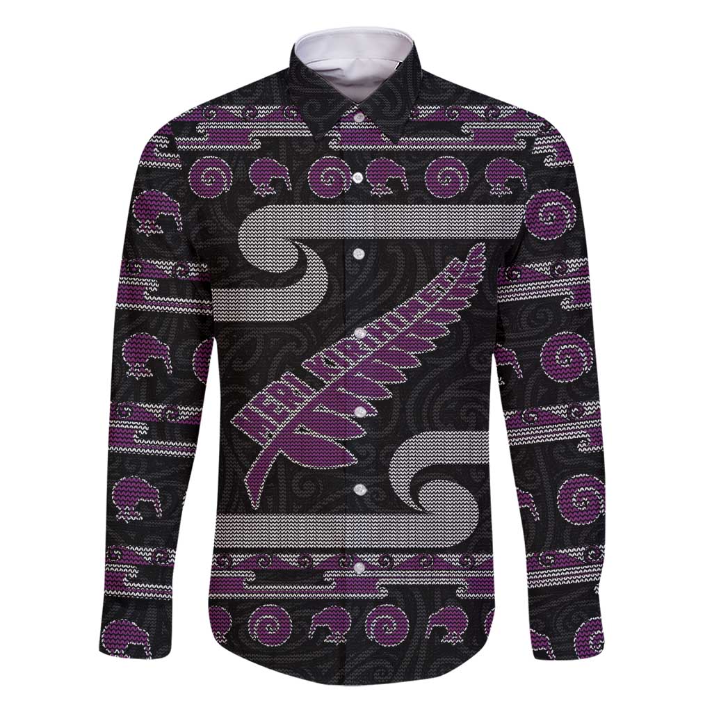 New Zealand Christmas Family Matching Short Sleeve Bodycon Dress and Hawaiian Shirt Meri Kirihimete Silver Fern Knit Style Purple Color LT03 Dad's Shirt - Long Sleeve Purple - Polynesian Pride