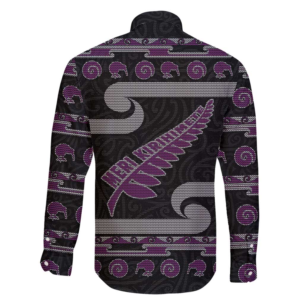 New Zealand Christmas Family Matching Short Sleeve Bodycon Dress and Hawaiian Shirt Meri Kirihimete Silver Fern Knit Style Purple Color LT03 - Polynesian Pride