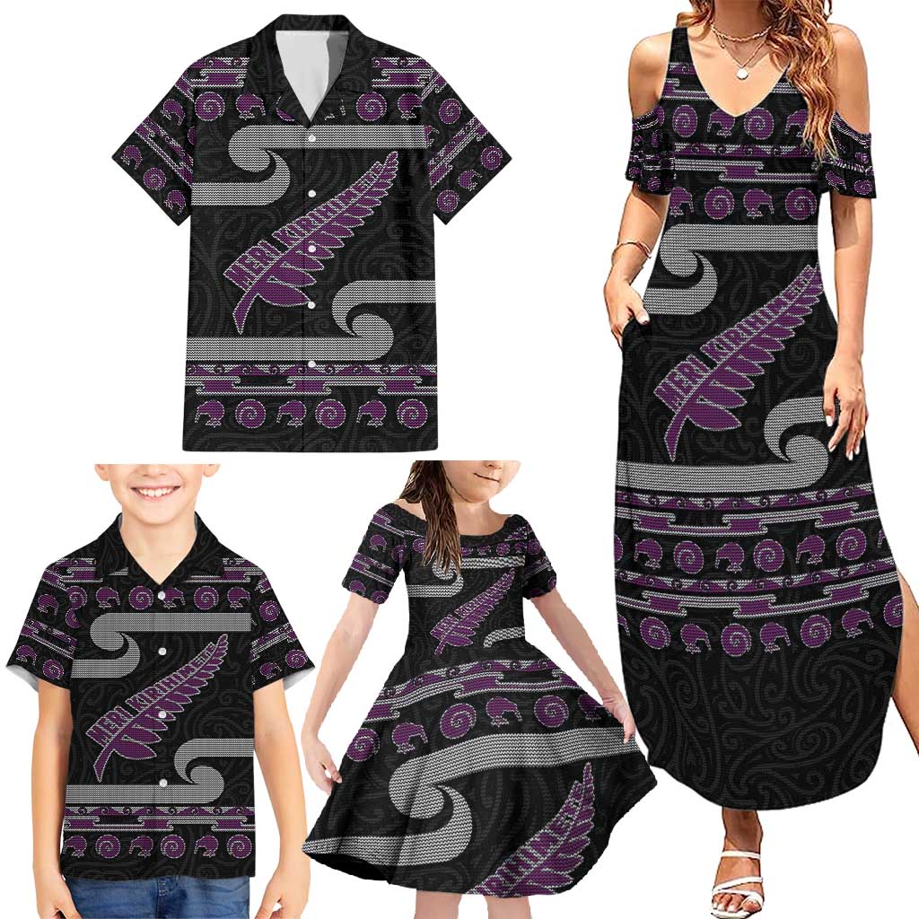 New Zealand Christmas Family Matching Summer Maxi Dress and Hawaiian Shirt Meri Kirihimete Silver Fern Knit Style Purple Color LT03 - Polynesian Pride