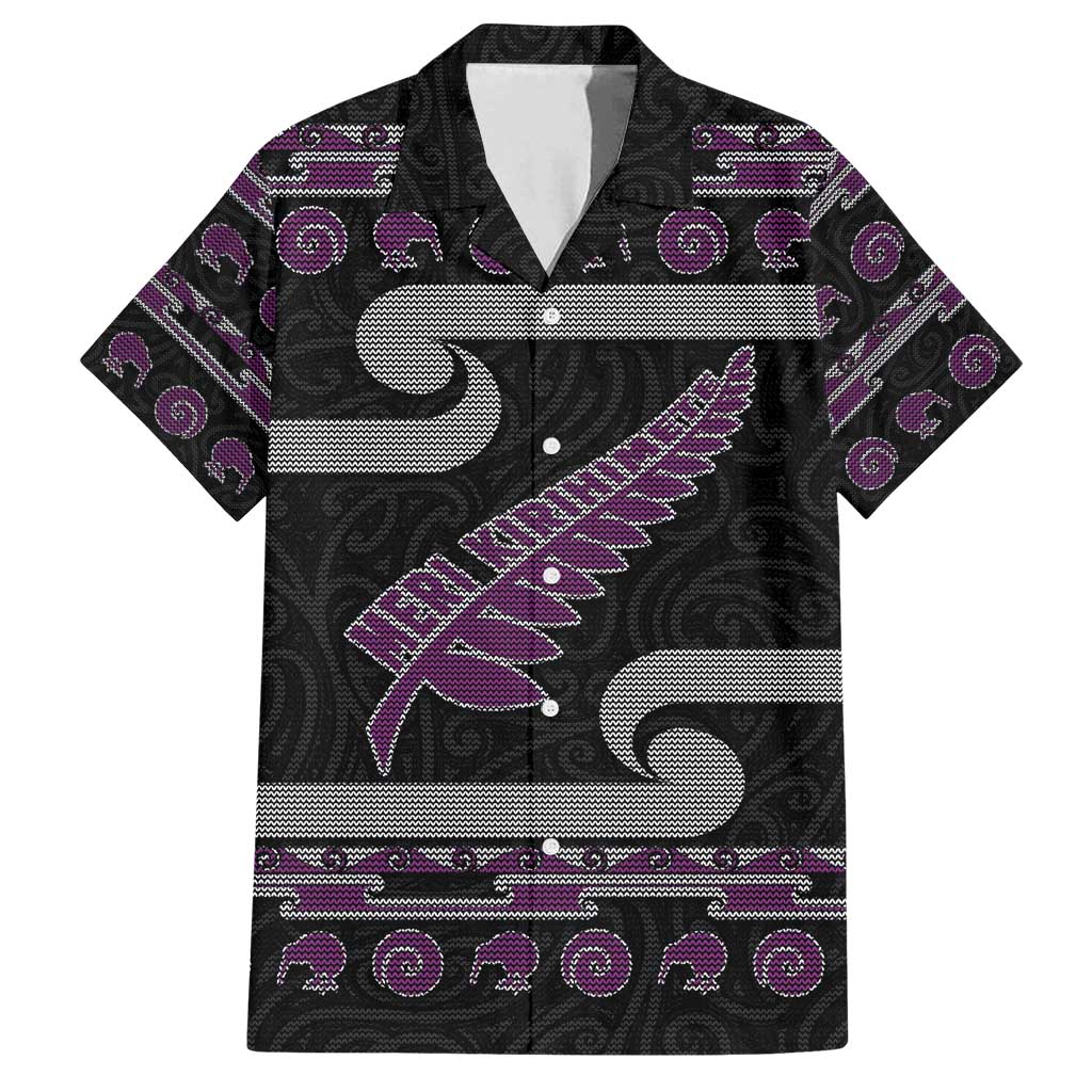 New Zealand Christmas Family Matching Summer Maxi Dress and Hawaiian Shirt Meri Kirihimete Silver Fern Knit Style Purple Color LT03 Dad's Shirt - Short Sleeve Purple - Polynesian Pride