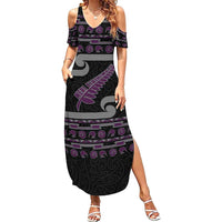 New Zealand Christmas Family Matching Summer Maxi Dress and Hawaiian Shirt Meri Kirihimete Silver Fern Knit Style Purple Color LT03 Mom's Dress Purple - Polynesian Pride