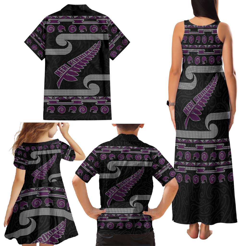 New Zealand Christmas Family Matching Tank Maxi Dress and Hawaiian Shirt Meri Kirihimete Silver Fern Knit Style Purple Color LT03 - Polynesian Pride