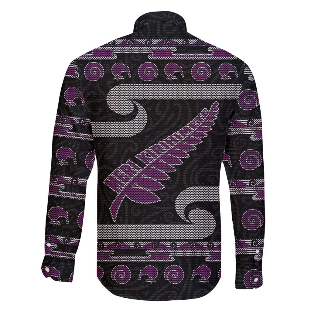 New Zealand Christmas Family Matching Tank Maxi Dress and Hawaiian Shirt Meri Kirihimete Silver Fern Knit Style Purple Color LT03 - Polynesian Pride