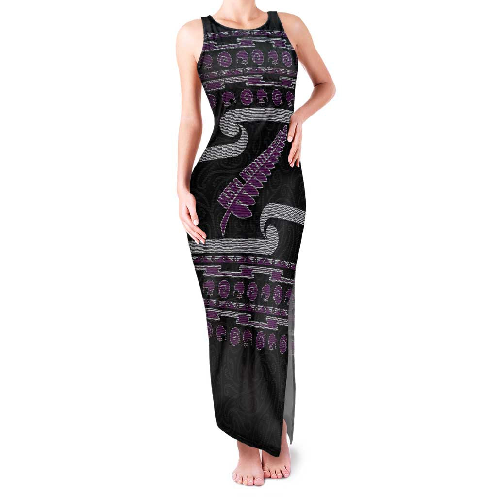 New Zealand Christmas Family Matching Tank Maxi Dress and Hawaiian Shirt Meri Kirihimete Silver Fern Knit Style Purple Color LT03 Mom's Dress Purple - Polynesian Pride
