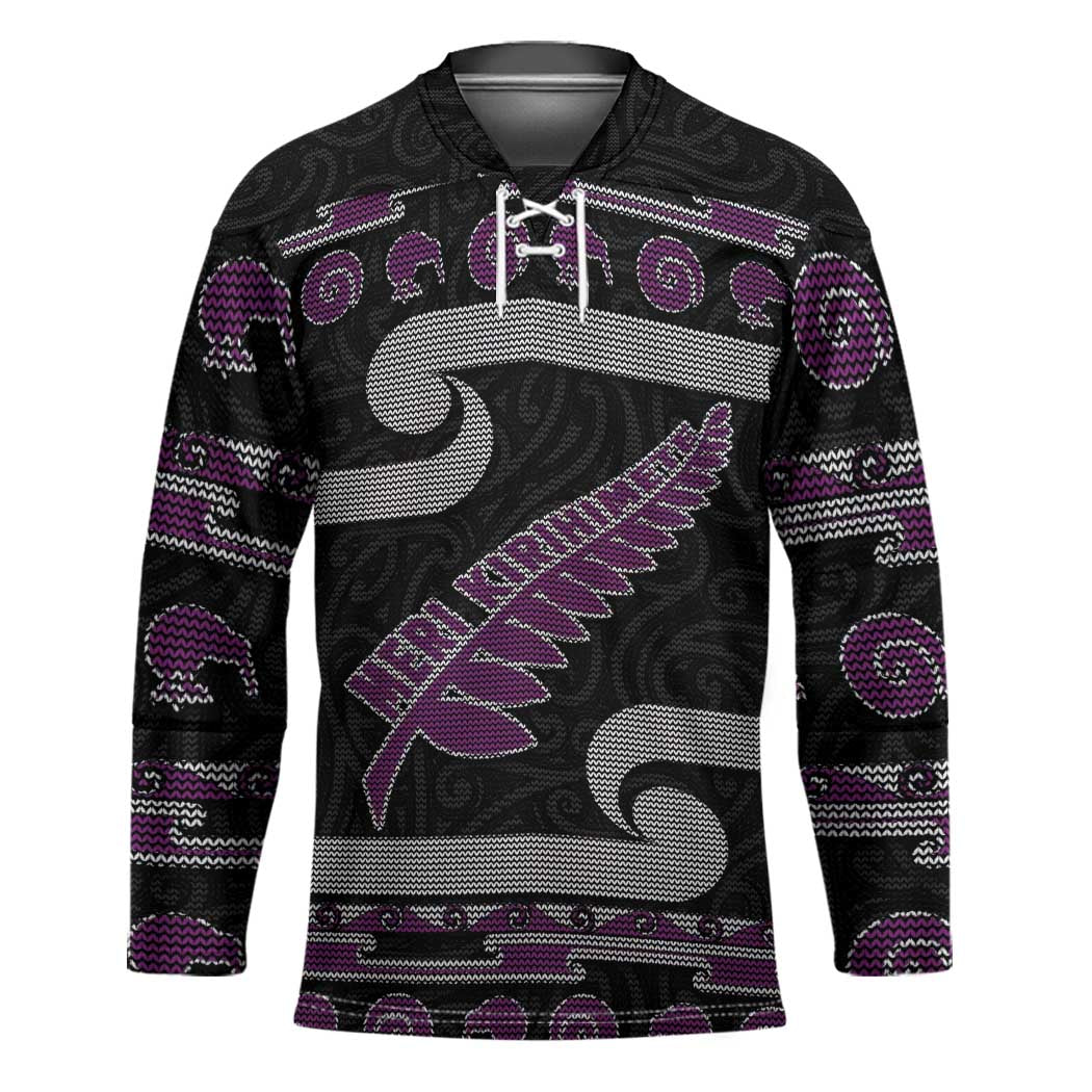 New Zealand Christmas Hockey Jersey Meri Kirihimete Silver Fern Knit Style Purple Color LT03 Unisex Purple - Polynesian Pride