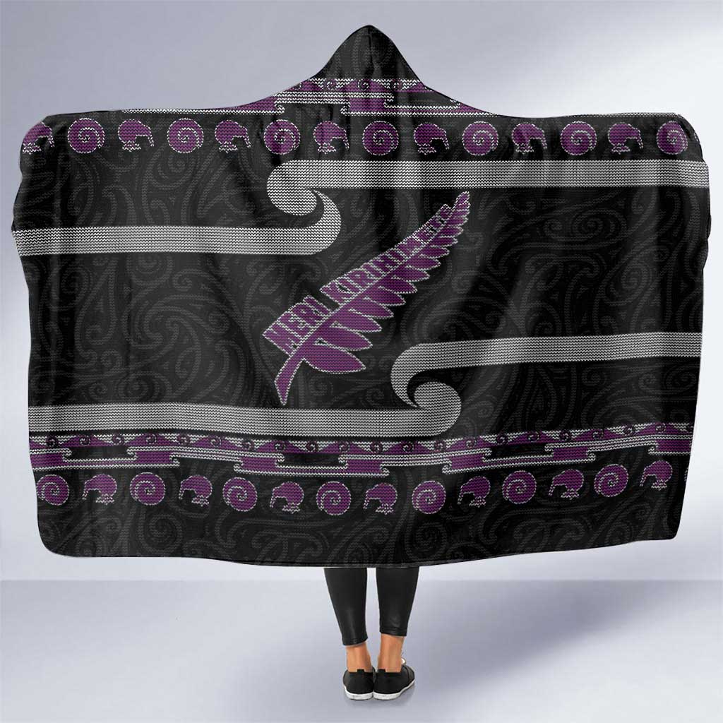 New Zealand Christmas Hooded Blanket Meri Kirihimete Silver Fern Knit Style Purple Color LT03 One Size Purple - Polynesian Pride