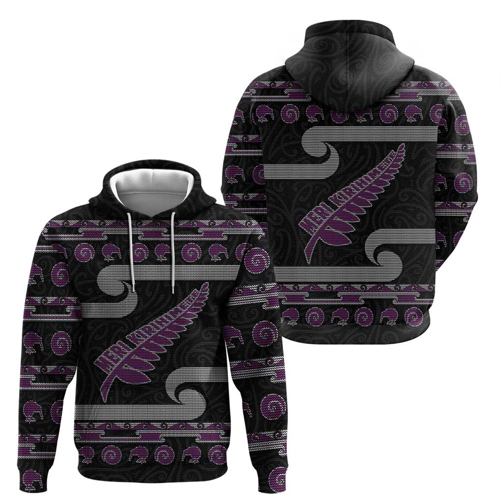 New Zealand Christmas Hoodie Meri Kirihimete Silver Fern Knit Style Purple Color LT03 - Polynesian Pride