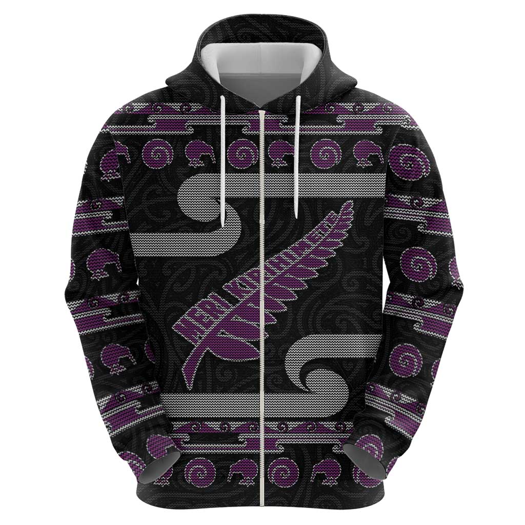 New Zealand Christmas Hoodie Meri Kirihimete Silver Fern Knit Style Purple Color LT03 - Polynesian Pride