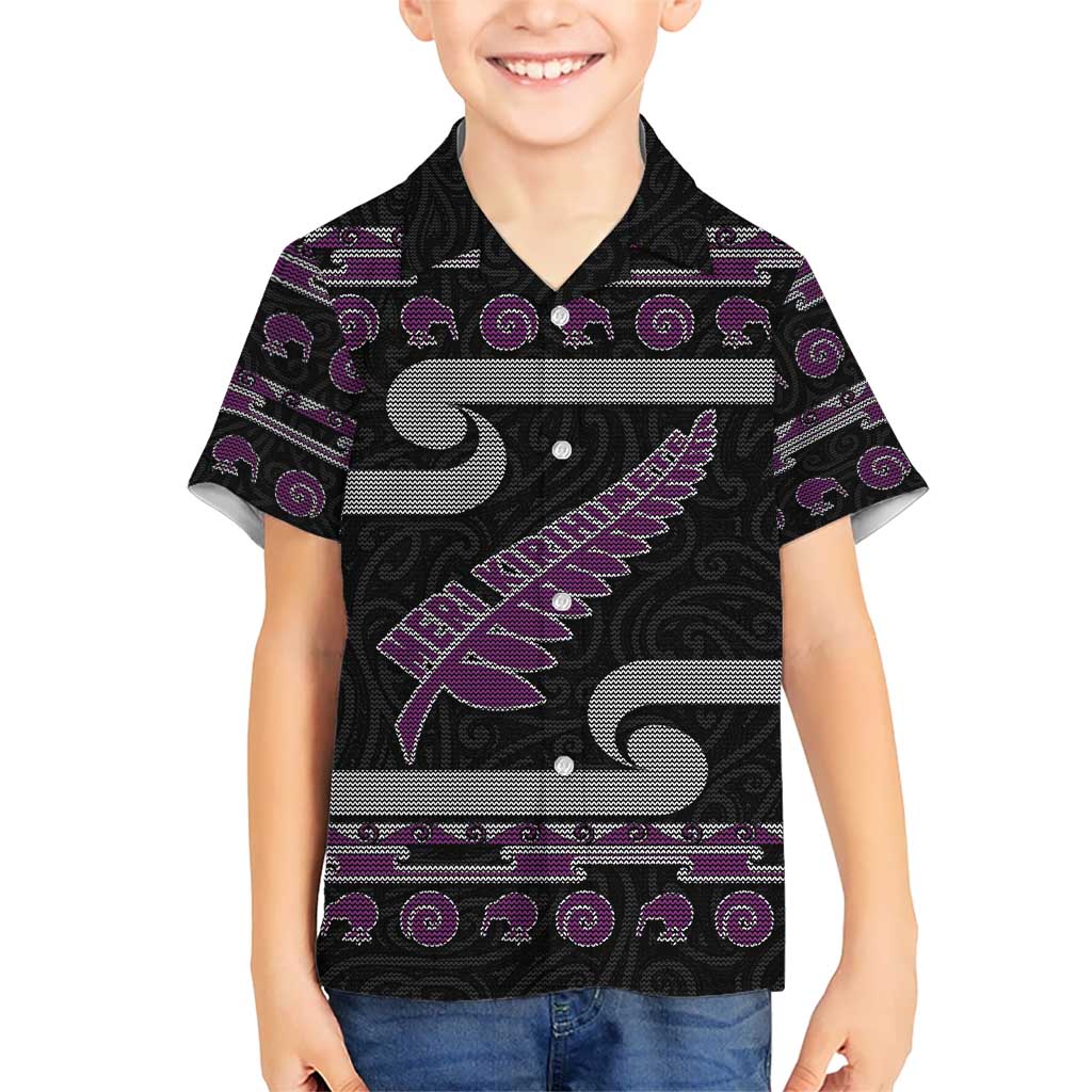 New Zealand Christmas Kid Hawaiian Shirt Meri Kirihimete Silver Fern Knit Style Purple Color LT03 Kid Purple - Polynesian Pride