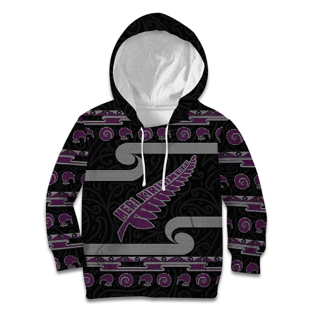 New Zealand Christmas Kid Hoodie Meri Kirihimete Silver Fern Knit Style Purple Color LT03 Hoodie Purple - Polynesian Pride