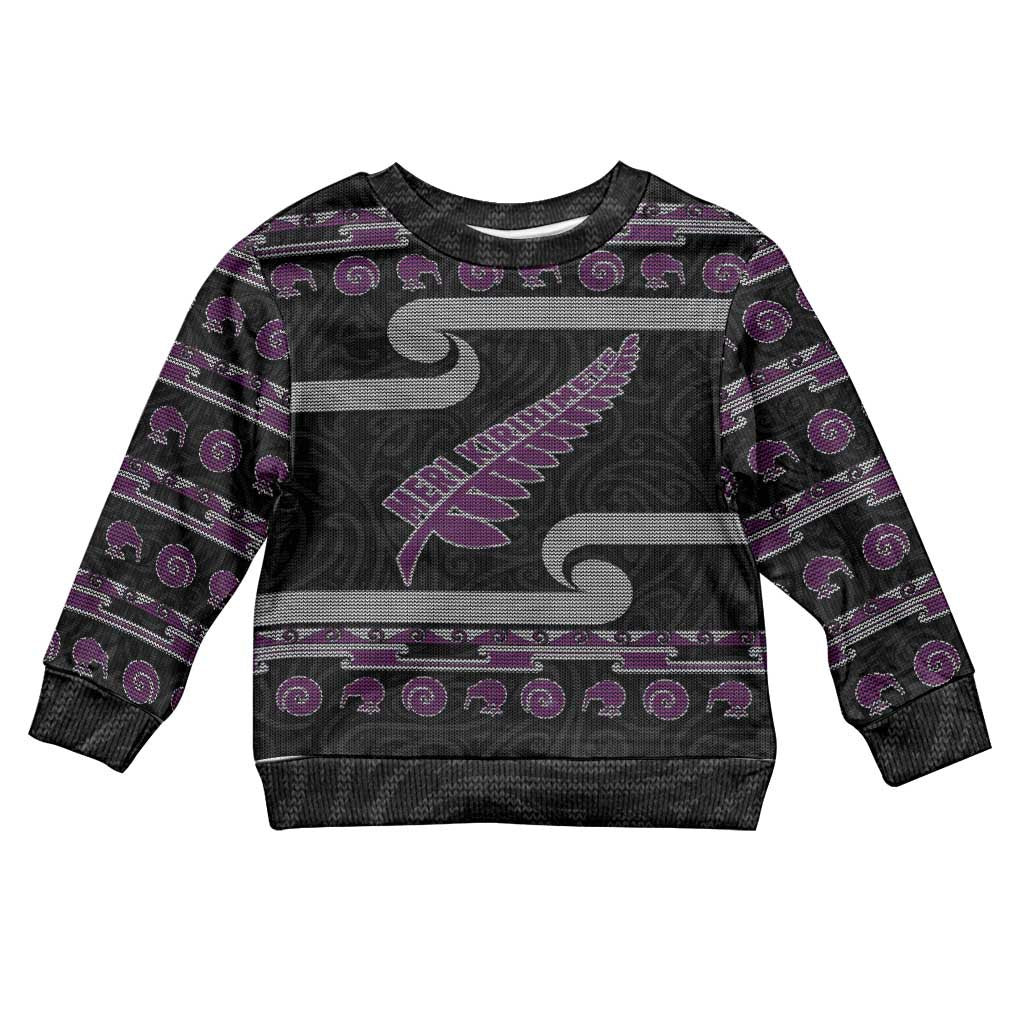 New Zealand Christmas Kid Ugly Christmas Sweater Meri Kirihimete Silver Fern Knit Style Purple Color LT03 Kid Purple - Polynesian Pride