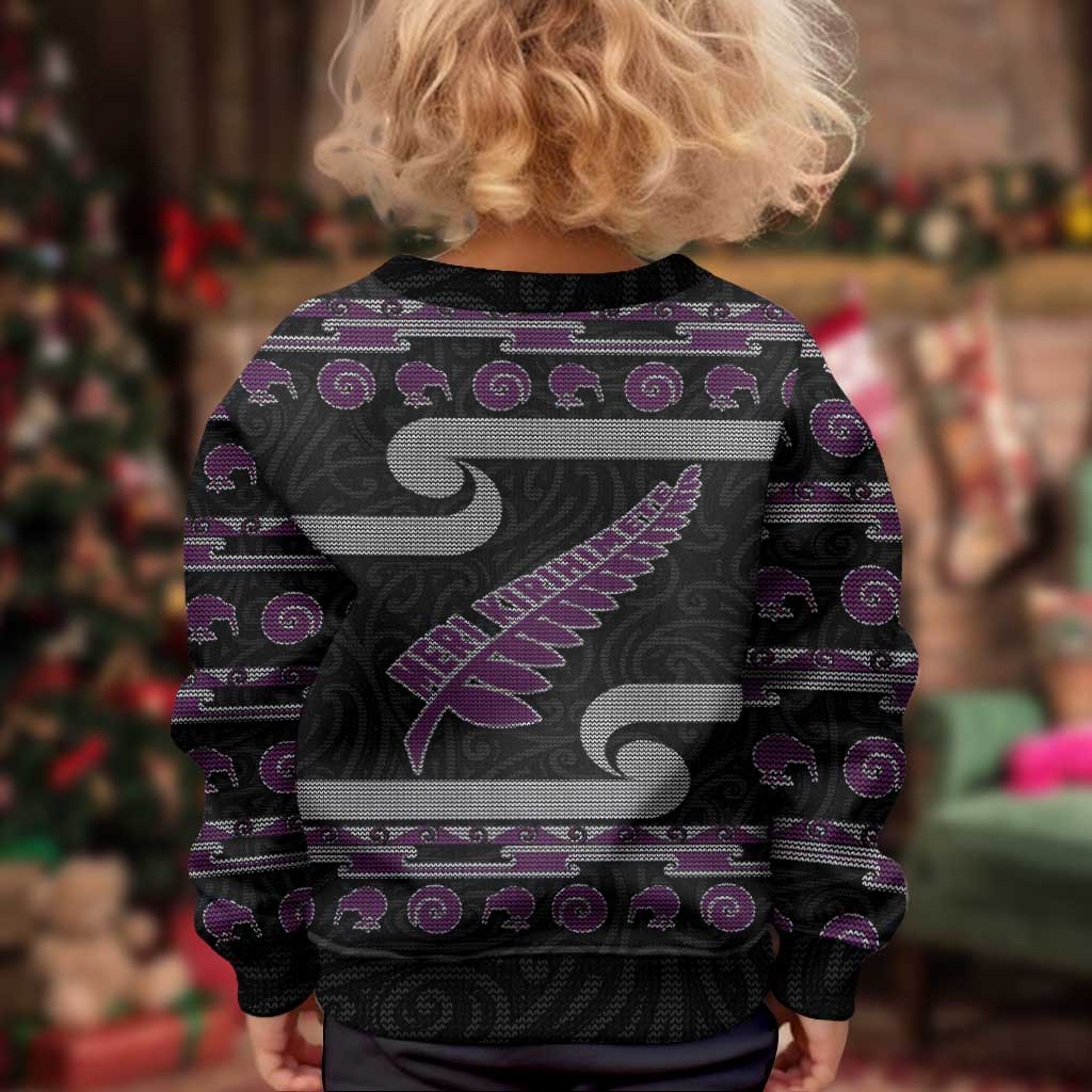 New Zealand Christmas Kid Ugly Christmas Sweater Meri Kirihimete Silver Fern Knit Style Purple Color LT03 - Polynesian Pride